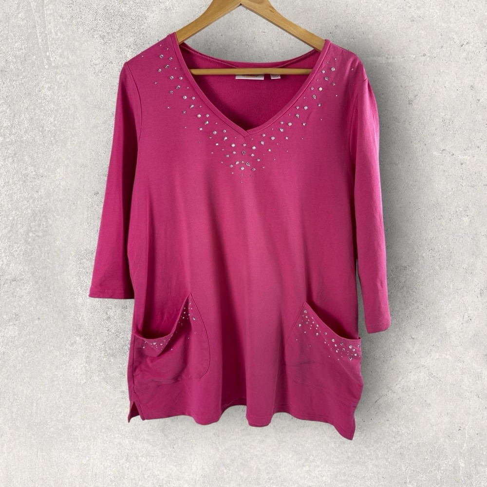 Quacker Factory Bling V-Neck Tunic Sparkle Pockets Shrimp Pink A468895‎ Large